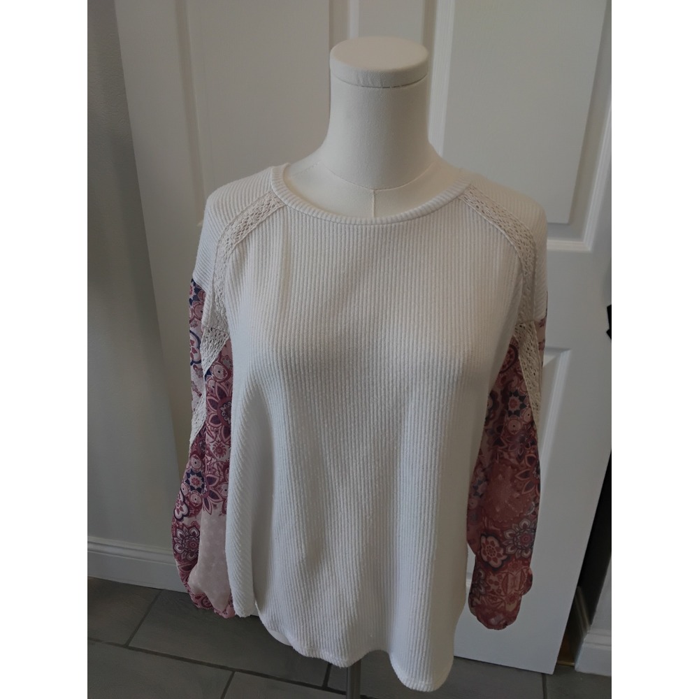 Blue Rain White Waffle Knit Thermal Top Floral Paisley Contrast Sleeve Small